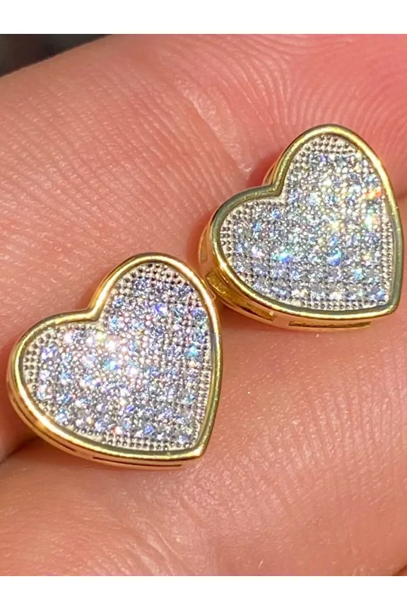 14K Gold Plated Real 925 Silver Heart Earrings CZ Studs Iced Screw Back Aretes