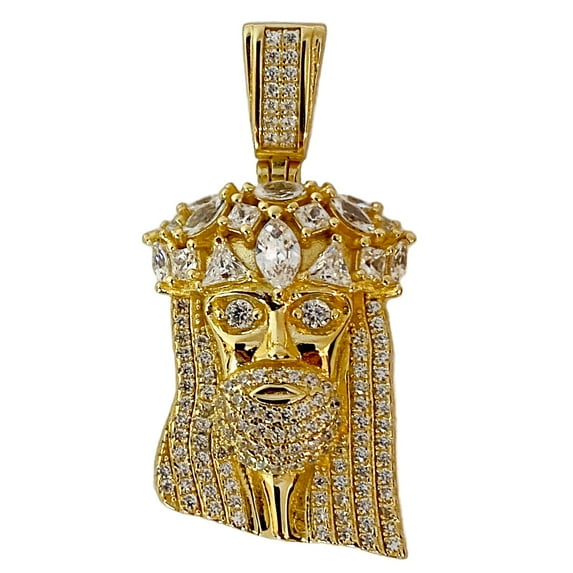 14K Gold Plated over Real Solid 925 Sterling Silver Jesus Hip Hop Pendant Full Beard Iced Trillion Cut Marquise Princess Round Baguette Flooded Out 1"