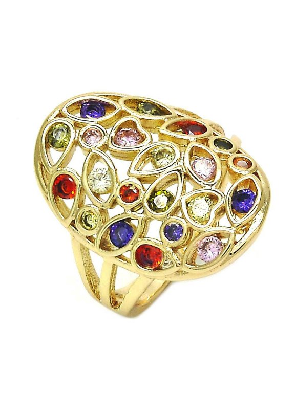14K Gold Plated Ring Heart And Teardrop Design With Multi-Color Cz