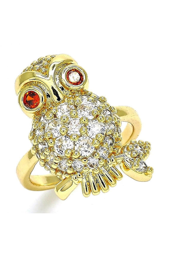 14K Gold Plated Ring Owl Design W/ White Cz And Red Cz Eyes Size 8