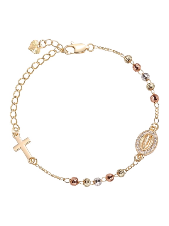 14K Gold Plated Rosary Bracelet for Women-Virgin Mary Decade Rosary Beads Cross Charm, Dainty Virgen de Guadalupe Bracelets Religious Catholic Gifts for Confirmation Baptism Godmother