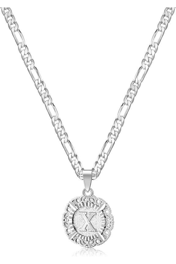 14K Gold Plated Round Initial Necklace - Capital Monogram Pendant with A-Z Alphabets on Figaro Chain - Stylish Personalized Jewelry for Women, Perfect Gift Idea