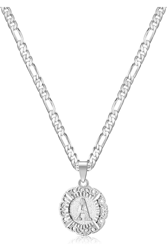 14K Gold Plated Round Initial Necklace - Capital Monogram Pendant with A-Z Alphabets on Figaro Chain - Stylish Personalized Jewelry for Women, Perfect Gift Idea