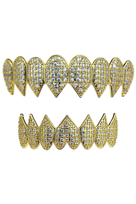 14K Gold Plated Shark Grillz Set 8 Top & Eight Bottom Iced CZ Micro Pave Teeth