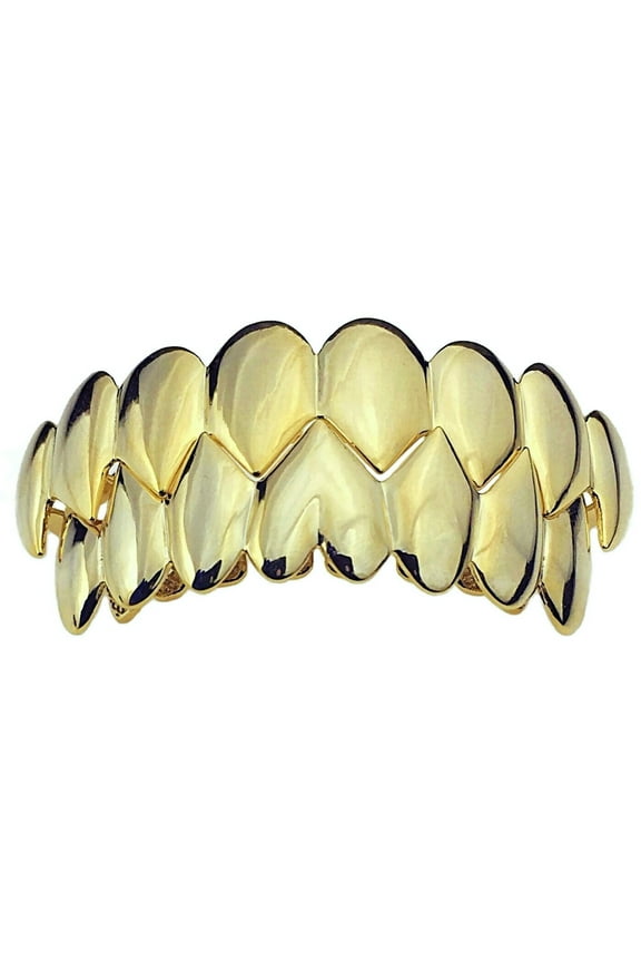 14K Gold Plated Shark Teeth Grillz 8 Top & Eight Bottom Set Vampire Fangs Premade Grills