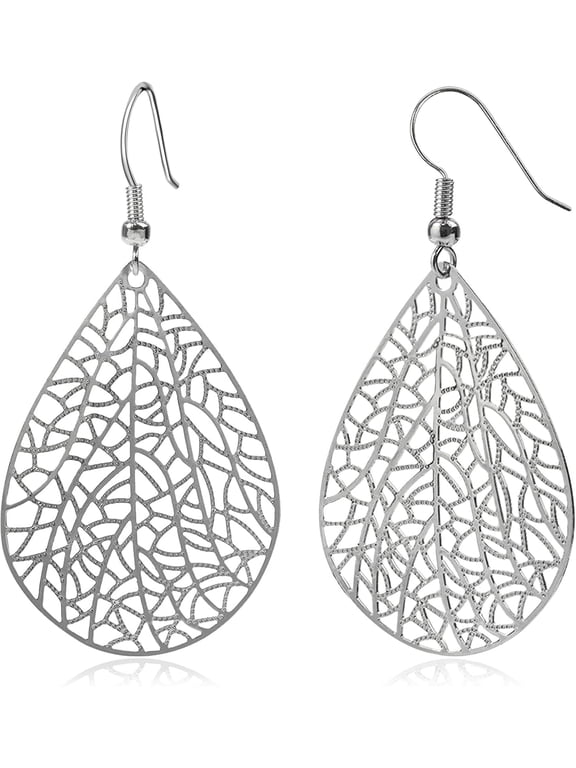 14K Gold Plated Silver Rose Gold Teardrop Filigree Dangle Earrings Lightweight Leaf Drop Earrings for Christmas Gift