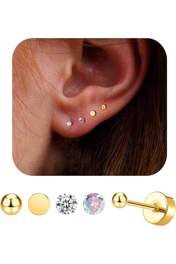 14K Gold Plated Small Stud Earrings for Men Women Stainless Steel CZ Cartilage FlatBack Nap Stud Earrings Set Ball Dot Hypoallergenic Tiny Earrings Piercing Studs 2MM[a690]