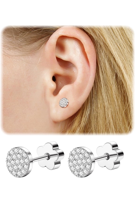 14K Gold Plated Small Stud Earrings for Women Hypoallergenic Surgical Steel Cartilage Flat Back Stud Earrings CZ Cross Dot Bar Heart Handmade Screw Back Earrings Studs[z8358]