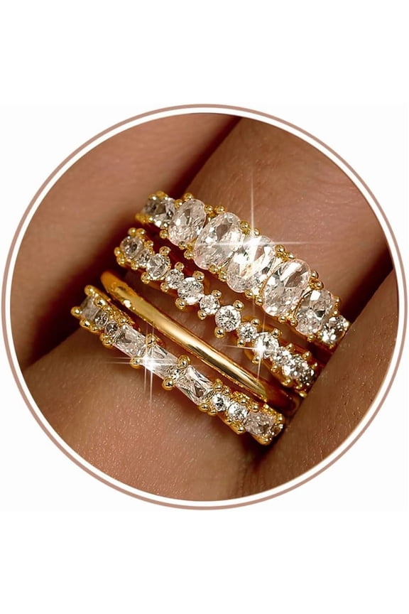 14K Gold Plated Stackable Rings for Women Non Tarnish - Dainty Cubic Zirconia Wedding Bands Ring Set Minimalist Trendy Statement Engagement Promise Thumb Rings Stacking Size 6-10