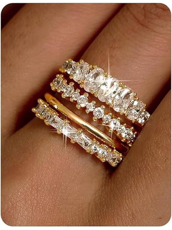 14K Gold Plated Stackable Rings for Women Non Tarnish - Dainty Cubic Zirconia Wedding Bands Ring Set Minimalist Trendy Statement Engagement Promise Thumb Rings Stacking Size 7