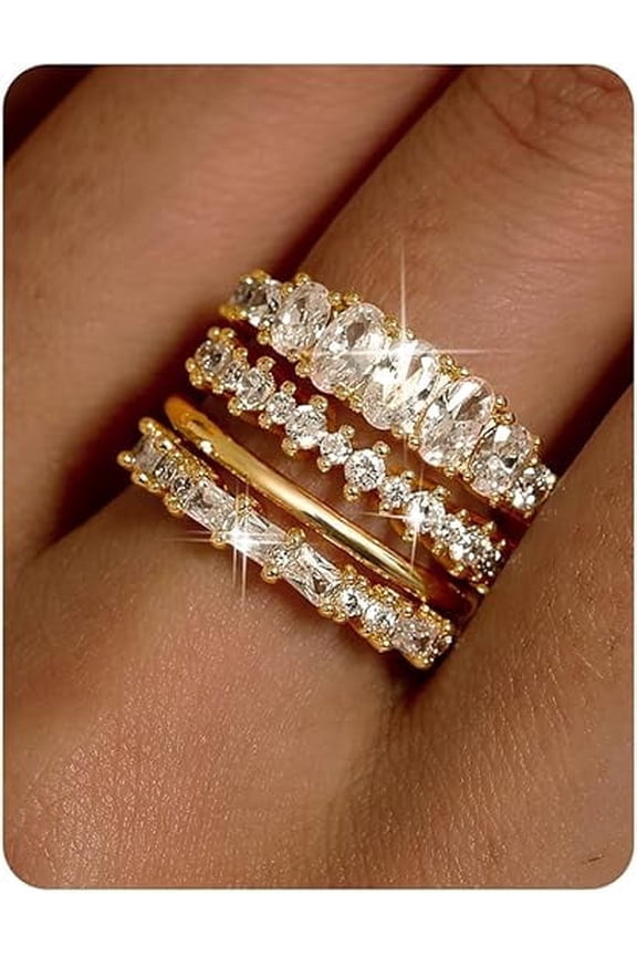 14K Gold Plated Stackable Rings for Women Non Tarnish - Dainty Cubic Zirconia Wedding Bands Ring Set Minimalist Trendy Statement Engagement Promise Thumb Rings Stacking Size 7