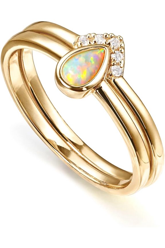 14K Gold Plated Stacking Rings for Women | Classy Design with Sparkling Cubic Zirconia Crystals & Opal | Everyday Jewelry
