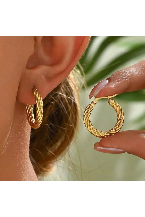14K Gold Plated Stainless Steel Hoop Round Earrings Women Twisted Silver E26
