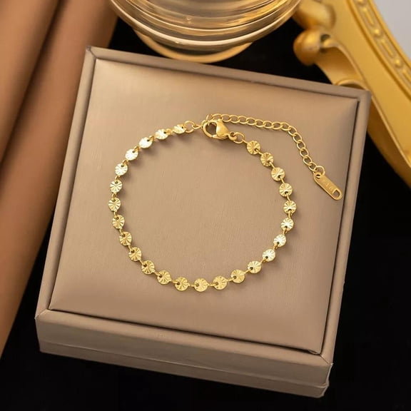 14K Gold Plated Stainless Steel Link Chain Bracelet Round Flower Adjustable T33