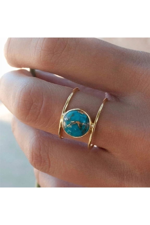 14K Gold Plated Statement Ring for Women Simulated Blue Turquoise Boho Simple Minimalist Jewelry 925 Silver Plated Gem Women's Ring Bohemian Jewelry Handmade Simple Ring