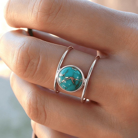 14K Gold Plated Statement Ring for Women Simulated Blue Turquoise Boho Simple Minimalist Jewelry 925 Silver Plated Gem Women's Ring Bohemian Jewelry Handmade Simple Ring Silver-10#