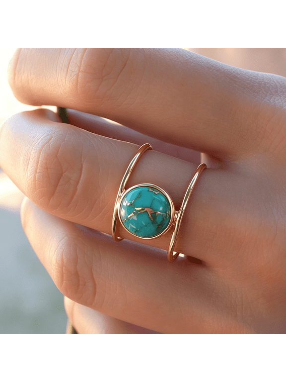 14K Gold Plated Statement Ring for Women Simulated Blue Turquoise Boho Simple Minimalist Jewelry 925 Silver Plated Gem Women's Ring Bohemian Jewelry Handmade Simple Ring Gold-8#