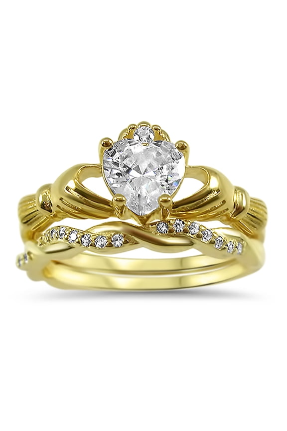 14K Gold Plated Sterling Silver CZ Claddagh Wedding Engagement Ring Set Size 8