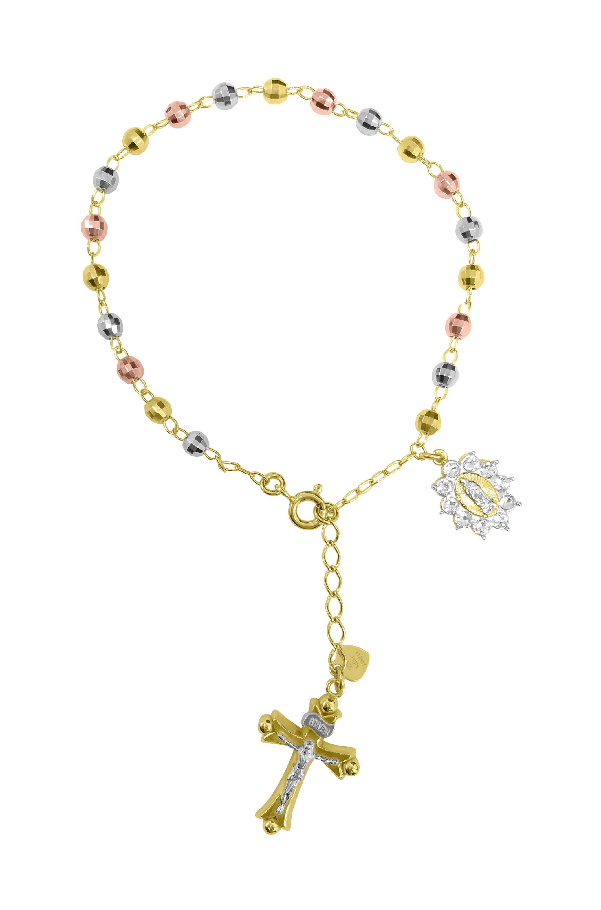 14K Gold Plated Sterling Silver Crystal Rosary Tri-Color Bracelet 7.5