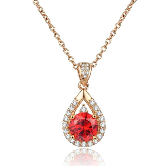 14K Gold Plated Sterling Silver Pendant Necklace with Red Cubic Zirconia Stone and White Crystals