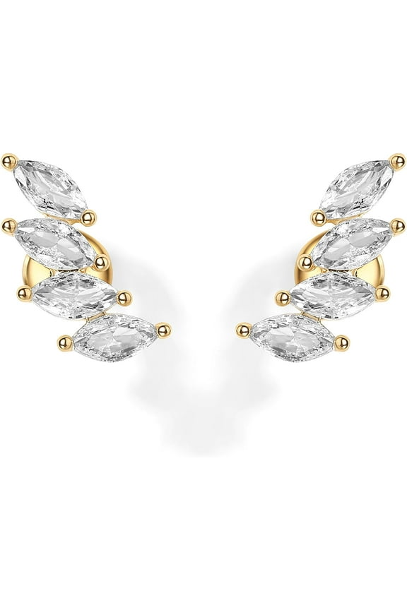 14K Gold Plated Sterling Silver Post Navette CZ Crawler Flat Back Earrings for Women | Small Cartilage Cubic Zirconia Stud Earring | Helix Piercing Jewelry