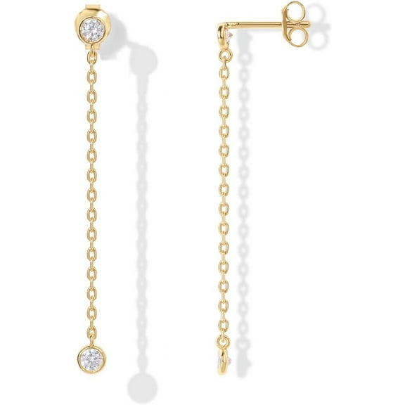 14K Gold Plated Sterling Silver Posts Station Linear Dangle Earrings for Women | Simulated Diamond Chain Drop Earrings