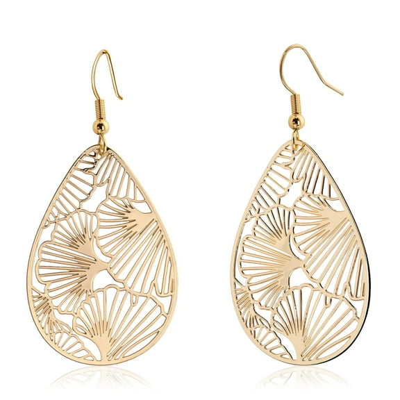 14K Gold Plated Teardrop Drop Dangle Earrings Gold Ginkgo Leaf Earrings for Women Trendy Filigree Hanging Earrings for Gift