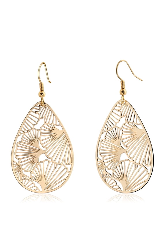 14K Gold Plated Teardrop Drop Dangle Earrings Gold Ginkgo Leaf Earrings for Women Trendy Filigree Hanging Earrings for Gift