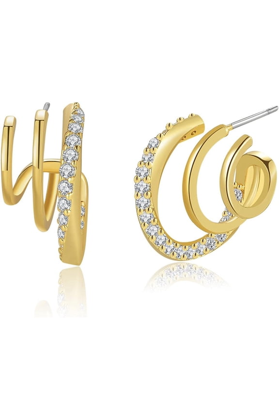 14K Gold Plated Triple Huggie Illusion Stud Earrings | Double Huggie Hoop Earrings For One Hole | Gold Hoop Earrings For Women[Z196]