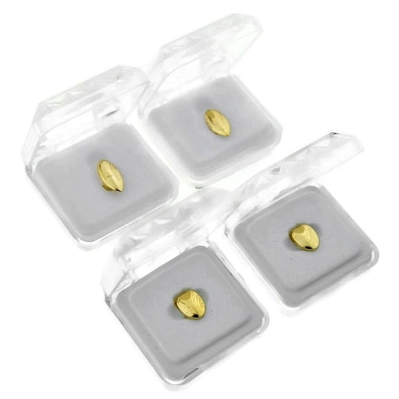 14K Gold Plated Vampire Fang Set 2 Top Canine Fangs Plus Two Single Tooth Bottom Caps