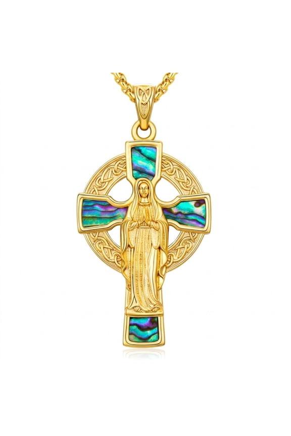14K Gold Plated Virgin Mary Celtic Cross Pendant Necklace for Men Women, 14K Gold Plated Abalone Shell Inlay Crucifix, Christian Religious Jewelry Gift