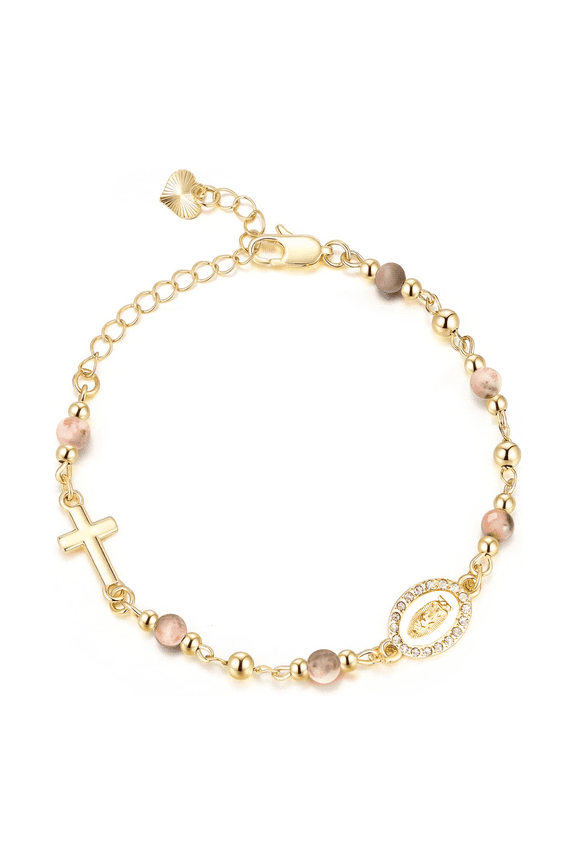 14K Gold Plated Virgin Mary Cross Bracelet with Natural Stone Beads for Women, Baptism & Confirmation Gifts