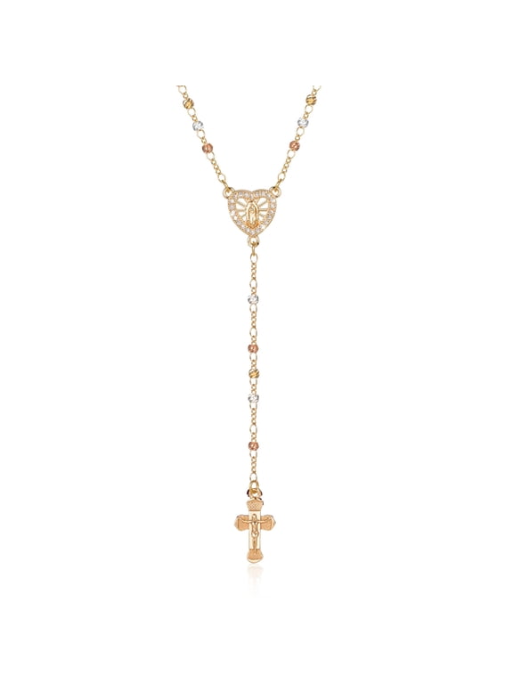 14K Gold Plated Virgin Mary Rosary Necklace for Women, Hypoallergenic Non-Tarnish Catholic Y Lariat Cross Crucifix Jewelry Gift
