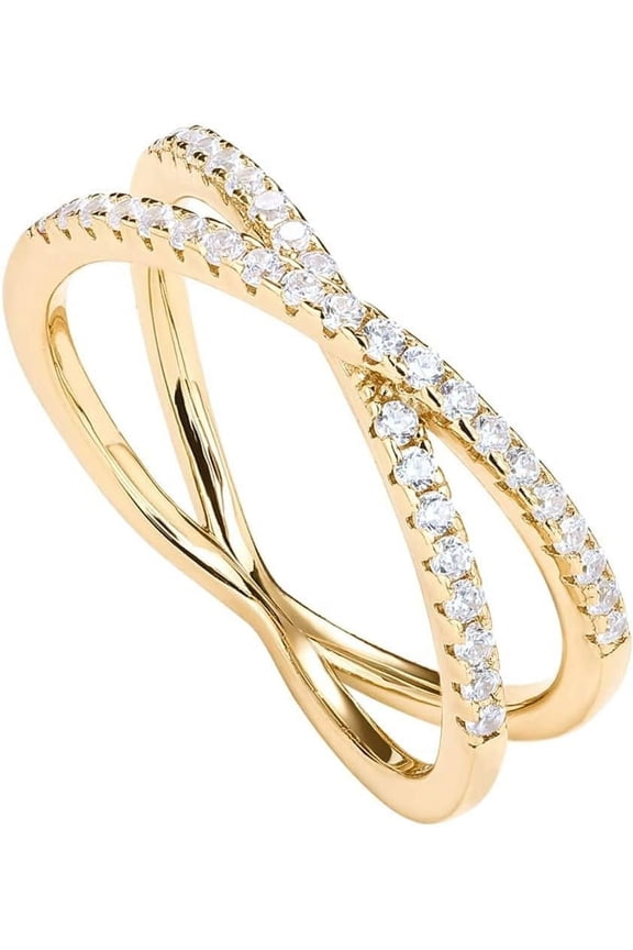 14K Gold Plated X Ring Simulated Diamond CZ Criss Cross Ring for Women