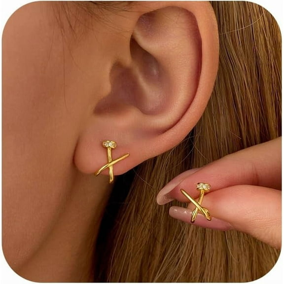 14K Gold Plated X Stud Earrings for Women Trendy 925 Sterling Silver Cubic Zirconia Nail Earrings Minimalist Hypoallergenic Split Huggie Hoop Earrings Back to School Jewelry Birthday Gifts
