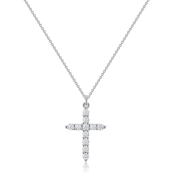 18K White Gold Plated Cross Necklace, Zirconia Silver Cross Faith Pendant Necklace for Women