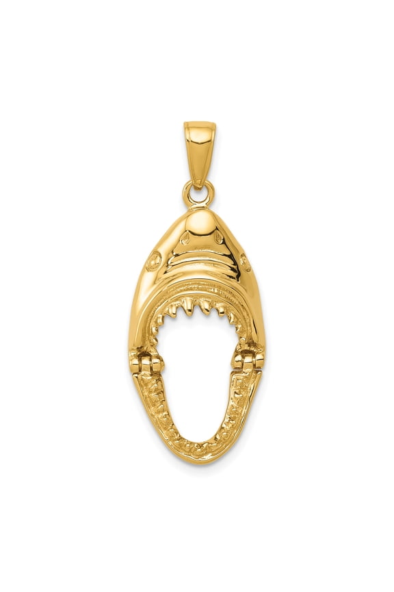 14K Gold Polished 2-D Jaws Shark Head Mouth Open Pendant