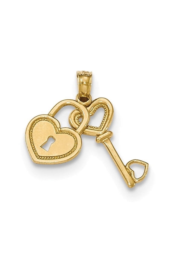 14K Gold Polished Key and Heart Shaped Lock Moveable Pendant