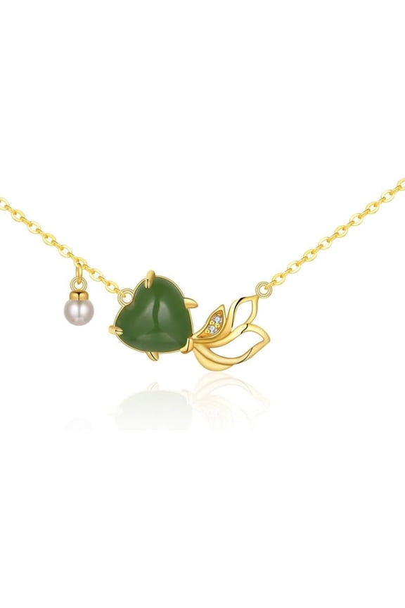 14K Gold Real Natural Jade Heart Necklace, Chinese Style Moissanite Pendant, Delicate Jade Jewelry Gift for Wife's Love