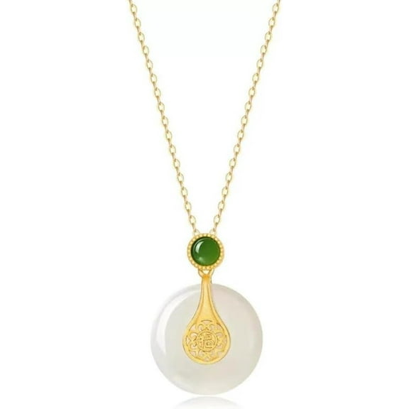 14K Gold Real Natural Jade Ruyi Pendant Necklace, Gold Inlay Peace Buckle Necklace, Delicate Jade Jewelry Gift for Mother's Peace