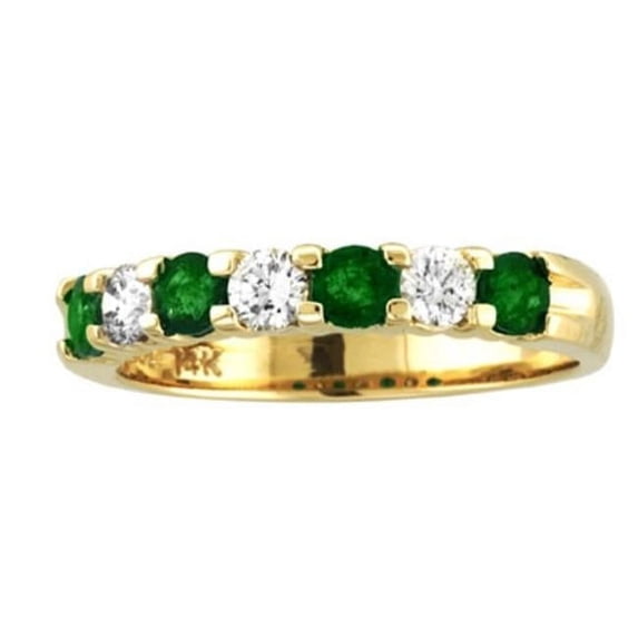 14K Gold Ring 1.00 CTTW Round Diamonds & Emeralds Prong Set Band - Size 7.5