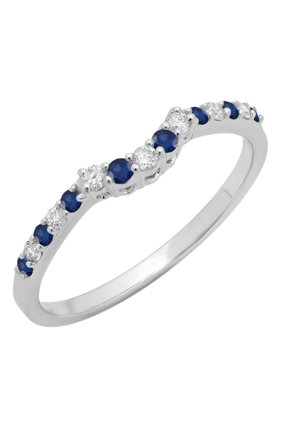 Collection Round Blue Sapphire & White Diamond Contour Stackable Wedding Band for Women in 14K White Gold, Size 5.5