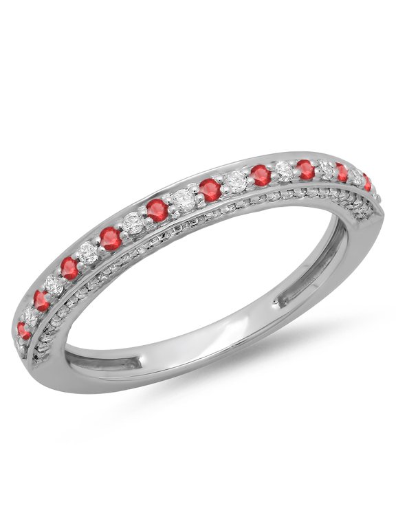 14K Gold Round Cut Ruby & White Diamond Ladies Anniversary Wedding Band Stackable Ring