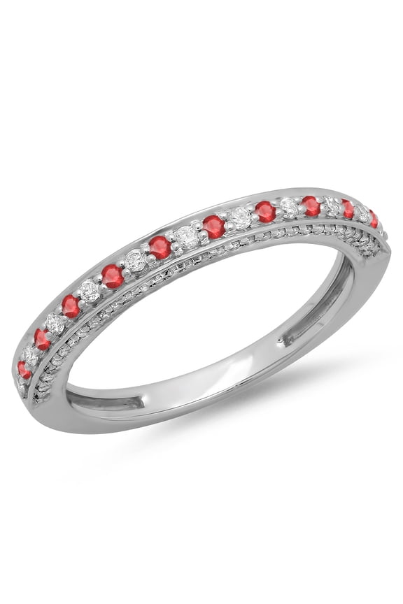 14K Gold Round Cut Ruby & White Diamond Ladies Anniversary Wedding Band Stackable Ring