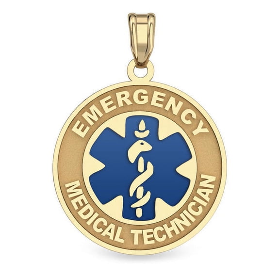 14K Gold Round "Emergency Medical Technician" Pendant W/ Blue - 1 Inch X 1 Inch