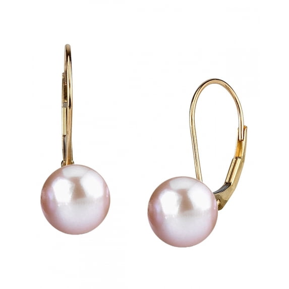 14K Gold Round Pink Freshwater High Luster Cultured Pearl Leverback Earrings - AAAA Quality