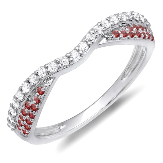 14K Gold Round Red Ruby & White Diamond Ladies Wedding Band Stackable Ring