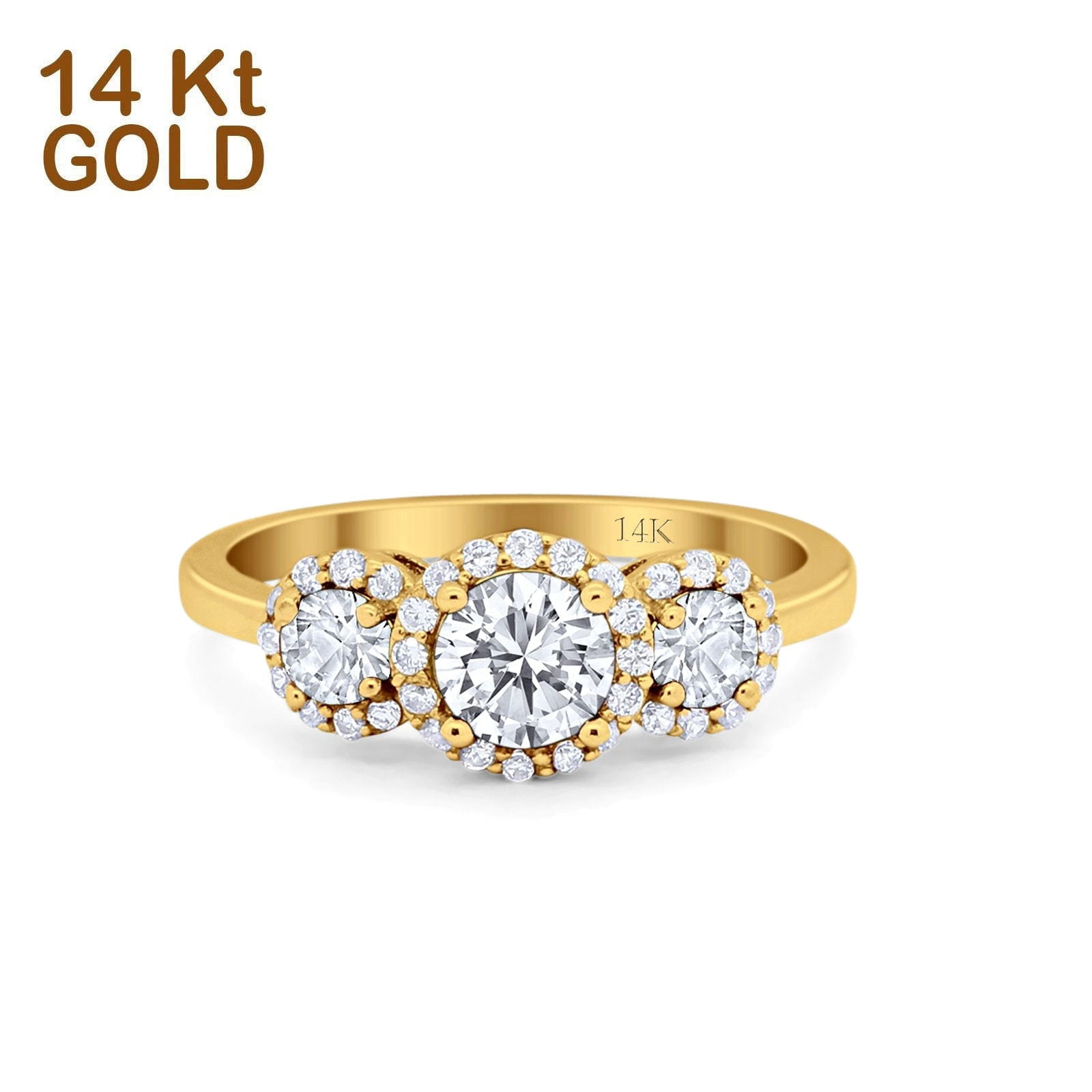 14K Gold Round Three Stone Bridal Simulated CZ Wedding Engagement Ring ...