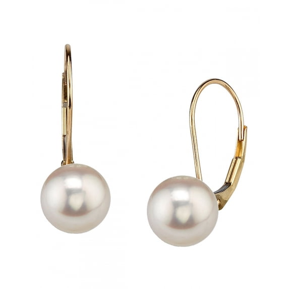 14K Gold Round White Akoya High Luster Cultured Pearl Leverback Earrings - AAA Quality