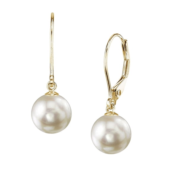 14K Gold Round White Akoya High Luster Cultured Pearl Leverback Earrings - AAA Quality